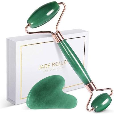 China Facial Guasha Skin Massager Tool Natural Stone Green Jade Roller Set with Box Packaging Kit for sale