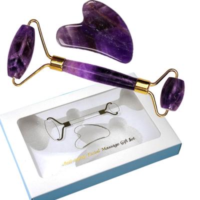 China Anti-Aging Jade Roller Massage and Gua Sha Facial Amethyst Kit for Facial Massager for sale