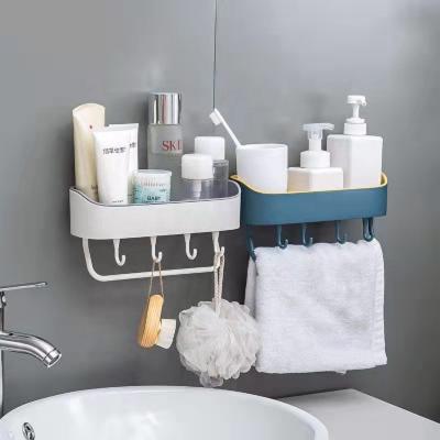 China Free Punching Viable Wall Hanging Storage Shelves Kitchen Hotel Bathroom Storage Box With Plastic Hooks Organization Holder for sale