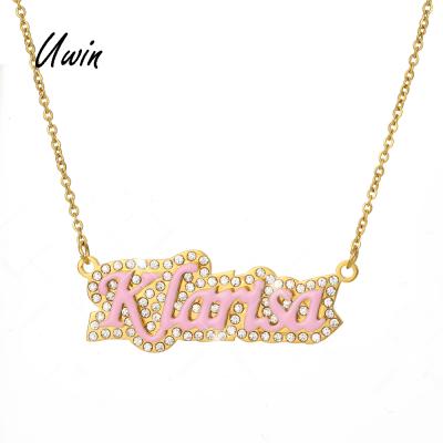 China Sparkling Hiphop Nameplate Stainless Steel Rhinestones Necklace Rose Oil Gold Dipped Name Plate Pendant for sale