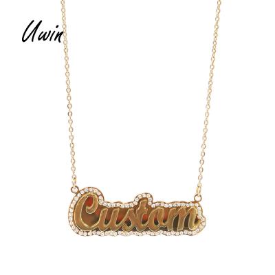 China Hiphop UWIN Stainless Steel Name Bling Bling Stone Couples Nameplate Necklace PVD Plating Hitter Jewelry for sale