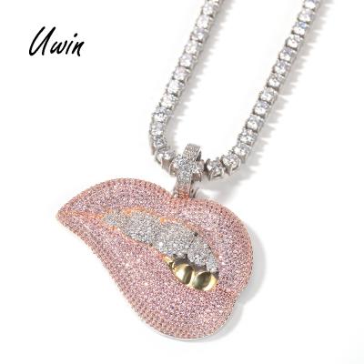 China Brass Women Hiphop Hip Hop CZ Diamond Lip Necklace D.C.A. Pink Zirconia Lips Necklace Dangling Jewelry for sale