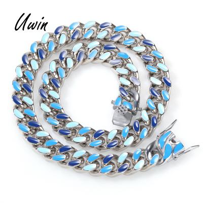 China Wholesale Color Stainless Steel Hiphop Hip Hop Cuban Link Necklace Bracelet Chain Jewelry Blue Products for sale