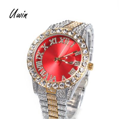 China Mens Womens Day/Date UWIN Hip Hop Iced Out Red Green Bling Bling Face Watch Out Of The Happer Luxury Watches Male Female Fashion Jewelry for sale