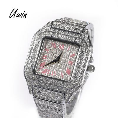 China Automatic Date UWIN Luxury Brand Full Iced Out Diamond Girls Watch Pink Digital Square Dial Pink Numbers Watches Hip Hop Rapper Jewelry for sale