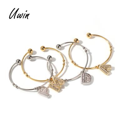 China Hiphop Hip Hop Customize Letter Charm Name Bangle DIY Stainless Steel Bangle Women Hitter Bling Bling Jewelry for sale