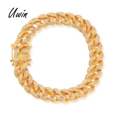 China Hiphop UWIN Hiphop Men's 925 Sterling Silver Cuban Link Chain Cuff Bracelet Gold Plated Hitter Women Men's Jewelry for sale