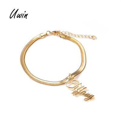 China Hiphop Personalized Custom Name Stainless Steel Fishbone Chain Necklace PVD Gold Plated Snake Chain Name Jewelry for sale