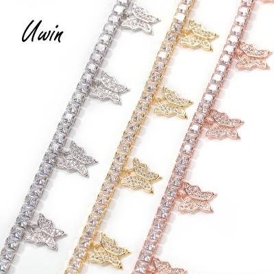 China Hiphop UWIN Iced Out Adjustable CZ Tennis Butterfly Bling Hitter Anklets Foot Jewelry Charm Chains Anklet for sale