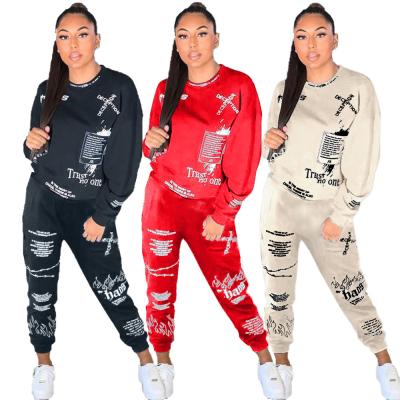 China Breathable New 2021 Two Piece Suit Round Collar Hoodie Sports Leisure Printing Women Long Sleeve for sale