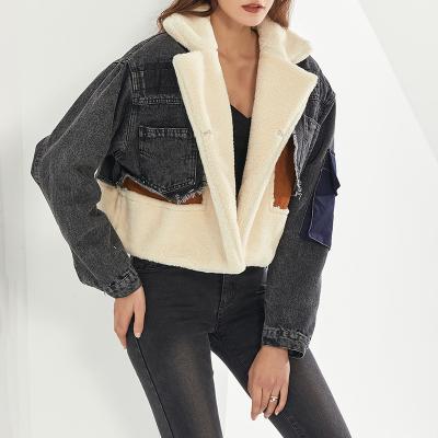 China DT-C000026 New Winter lambskin fashion cashmere denim coat Anti-wrinkle fashion women's plus size fur coat fur splicing outer jacket woolen denim for sale