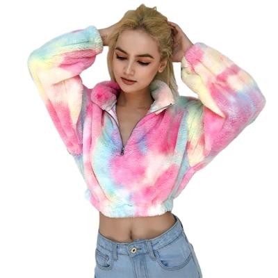 China Autumn Turn Down Collar Quarter Fashion Womens Long Cropped Tie Dye Furry Sweatshirts Lady Short Pullover Elastic Zipper Sleeve Anti-wrinkle C024 for sale