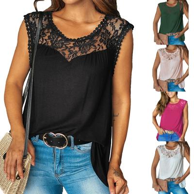 China Plus Size V Neck Lace Tank Tops 2021 New Summer Casual Sleeveless Shirts Side Split Women's Blouses for sale