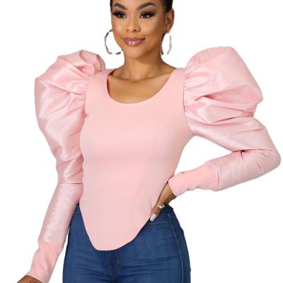 China DT-T000018The New 2021 Breathable Fall Soft Bubble Sleeve Slimming Round Collar Fashionable-Clothing Crop T-shirt Vintage Shirt Women for sale