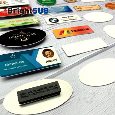 China With magnetic button or with plastic brooch pin. BrightSUB 1.0mm Matte White Sublimation Name Badge Metal Aluminum Name Badges Blanks With Magnetic For Heat Transfer Printable for sale