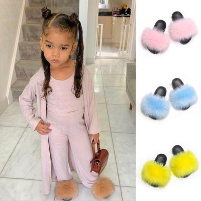 China Damping Cute Raccoon Fur Slides Plush Flip Flops Girls Summer Faux Fur Slippers Kids Fox Fluffy Kids Sandals for sale