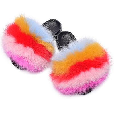 China Cushioning Female Cute Fluffy Fox Hair Fluffy Shoes Women House Slippers Fluffy Slides for sale