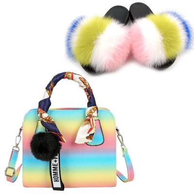 China Damping Colorful Fox Fur Slippers Ladies Rainbow Shoulder Bag Shoes Women Hairy Slides for sale