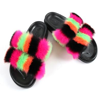 China Cushioning Woman Shoes Plush Fox Fur Sandals Ladies Summer Women Faux Fur Fluffy Slippers for sale