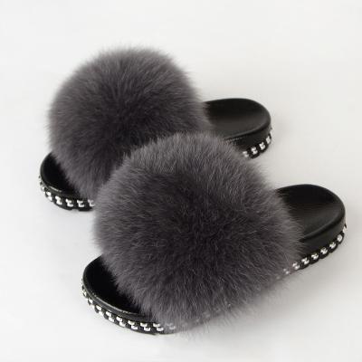 China Cushioning Real Genuine Fox Fur Slippers Hot Sale Summer Luxury Luxury Fluffy Women Beautiful for sale