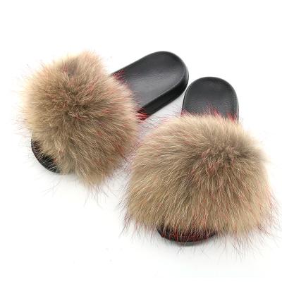 China Wholesale Plush Fox Real Fur Cushioning Slips Fluffy Raccoon Fur Sandals Fashion Furry Party Slippers for sale