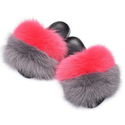 China Cushioning Cute Raccoon Hairy Flip Flops Ladies Fashion Rainbow Women Fur Indoor Slippers for sale