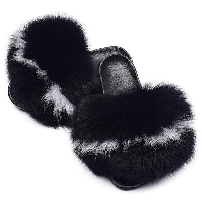 China New Arrival Women's Bedroom Summer Fox Fur Hairy Sandals Ladies Fashion Luxury Fur Slides Cushioning for sale