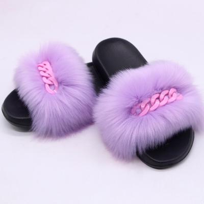 China Damping 2021 Fox Raccoon Fur Ladies Sandals New Fluffy Hairy Chain Decoration Ladies Summer Indoor Slippers For Women for sale