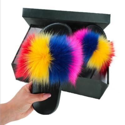 China Damping Cute Raccoon Fur Slides Plush Flip Flops Girls Summer Faux Fur Slippers Kids Fox Fluffy Kids Sandals for sale