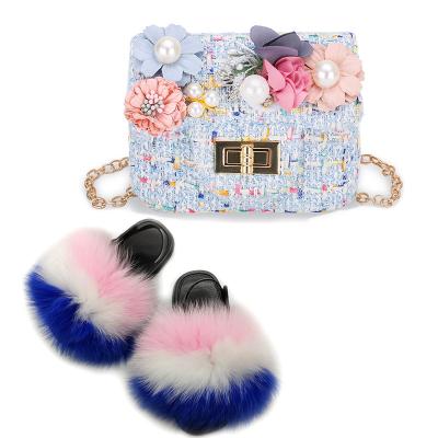 China Fashion Baby Rainbow Fox Fur Slides Kids Toddler Strap Real Shock Absorbing Shoes Furry Plush Slides with Mini Crossbody Bag Sets for sale