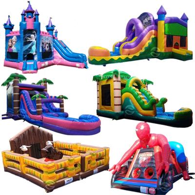 China commercial customized 0.55mm Plato PVC Tarpaulin PVC Kids Rainbow Bounce House Inflatable Water Slide for sale