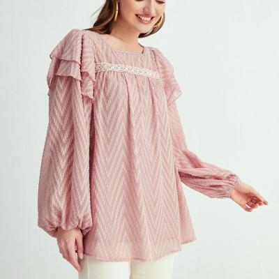 China New Pink Anti-wrinkle Lace Panel Blouse School Uniform Singapore Muslim Women Wear for sale