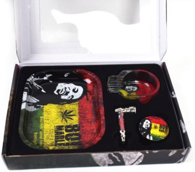 China 4 Pieces Viable 50mm Skull Logo Glass Metal Smoking Pipe Weed Grinder Set Kit Custom Ashtray Rolling Tray for sale