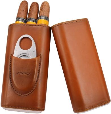 China Use It Yourself Or Give It Away Brown 3 Cigars Waterproof Leather Travel Case Carrying Box for sale