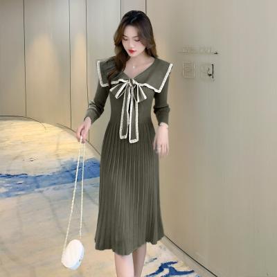 China Anti-wrinkle New Arrival Office Lady Slim Fit Long Sleeve Gather Waist Butterfly Collar Lace Sweater Dress for sale