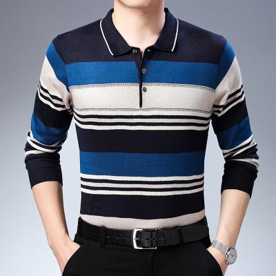 China Hot sale anti-pilling style old man loose knitted cotton stripe long sleeve custom fit man shirt for sale