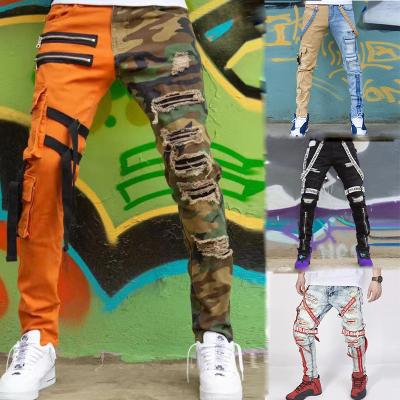 China QUICK DRY - hot selling 067 fashion men jeans straight pants camouflage patchwork with ribbons ripped cargo mens skinny jeans for sale