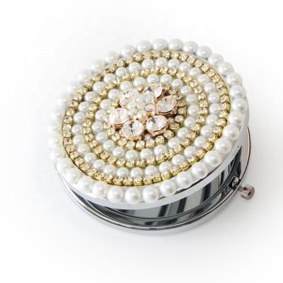 China Pearl Crystal Round Pocket Mirror Jeweled Custom Magnifying Compact Folding Mirror for sale