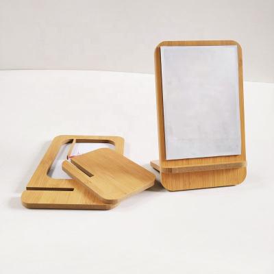 China Custom Portable Square Table Makeup Cosmetic Desk Mirror Standing Mirror With Wood Frame for sale