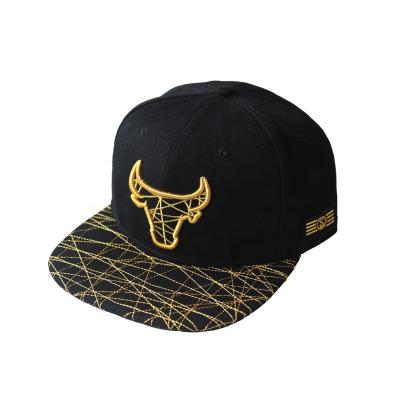 China Premium Gold Embroidery Flat Bull Bill Caps Snapback OEM JOINT for sale