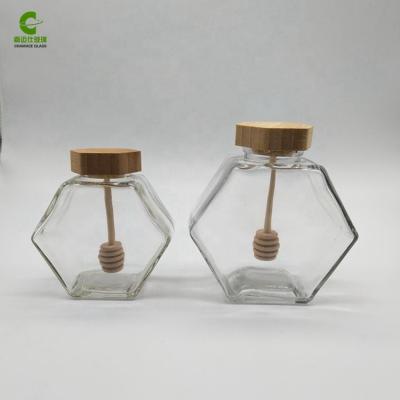 China CANDY 375g 280ml and 250g 220ml new style hexagonal shape honey jar with wooden cap for sale