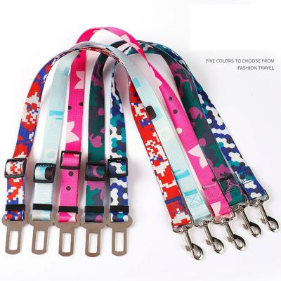 China New Style Factory Stocked Printing Ribbon Car Safe Belt Leash With Collar Set For Pets for sale