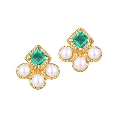 China 14K 18K Nickel Gold Earrings Natural Emerald Freshwater Pearl Real Gold Free Jewelry Stud Earrings for sale