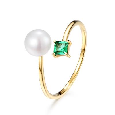 China Nickel Free Emerald Freshwater Pearl Adjustable Rings 14K 18K Natural Gold Free Fashion Open Rings For Women for sale