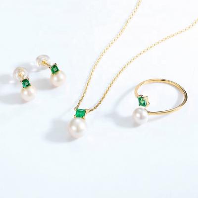 China Nickel Free New Ladies Natural Green Freshwater Pearl Necklace Earrings Ring Set Fashion Women Gold Jewelry Sets for sale