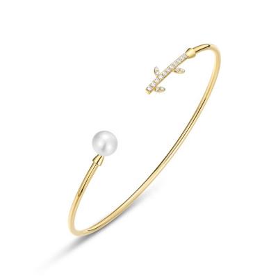 China Nickel Free Fashion Pearl Bangle Bracelet 14K Solid Gold 5A CZ Freshwater Cuff Bracelet For Women Jewelry for sale