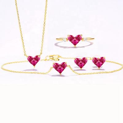 China Nickel Free Elegant Girls Bracelet Earrings Necklace Ring 4 Pieces Jewelry Set Red Corundum Heart Shaped Jewelry Set for sale