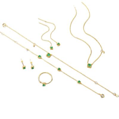 China Nickel Free Simple Design 6 Pieces Solid Gold Jewelry Set Natural Emerald Earrings Necklace Bracelet Ring Jewelry Set For Women for sale