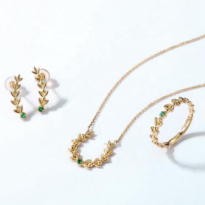 China Nickel Free Women Olive Branch Shape Ring Earrings Necklace Set Real Luxury Fashion Emeralds Gold Jewelry Set for sale