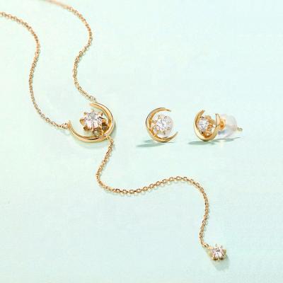 China Nickel Free Luxury Design Crescent Moon Star Earrings Necklace Set Pure 14k Gold Zircon Jewelry Set for sale